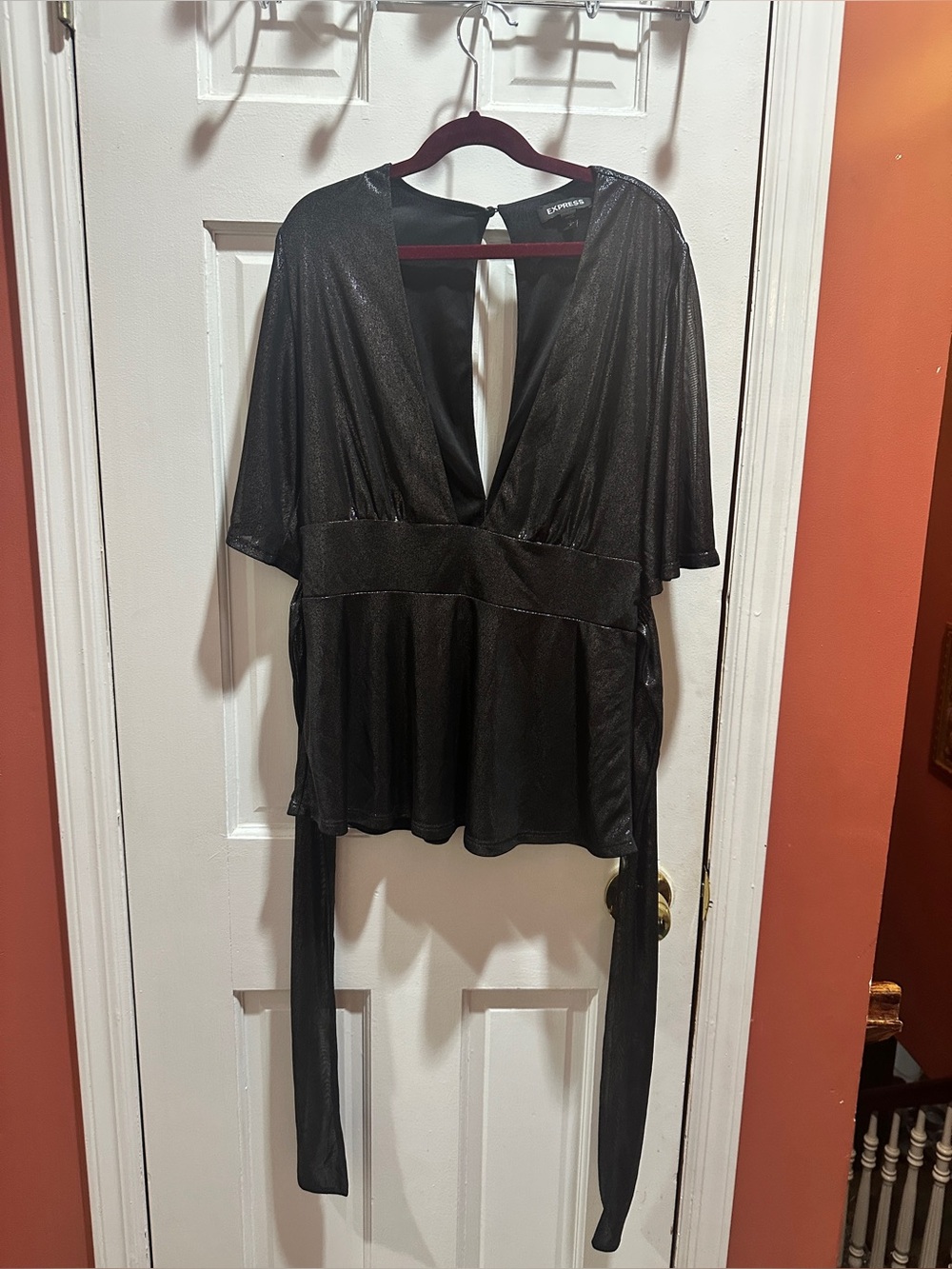 Express Shimmery Black Wrap Evening Blouse